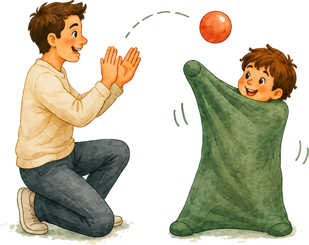 Adult tossing a soft ball or balloon to a child in the body sock