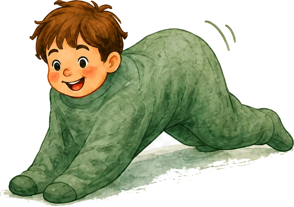 Child moving on the floor inside the body sock
