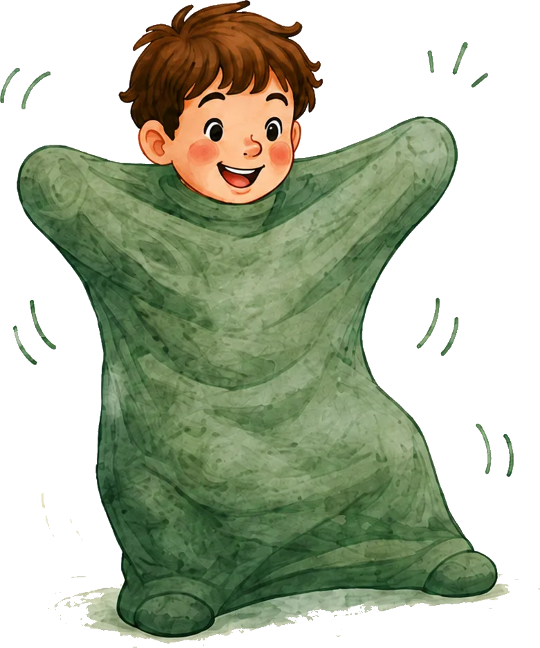 Child stretching into a wide star shape inside the body sock