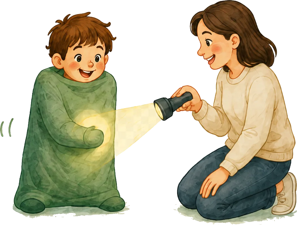 Adult shining a flashlight spot on the body sock for the child to find