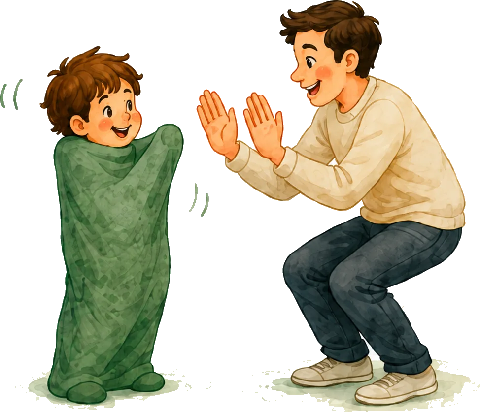 Parent and child playing face to face with the body sock