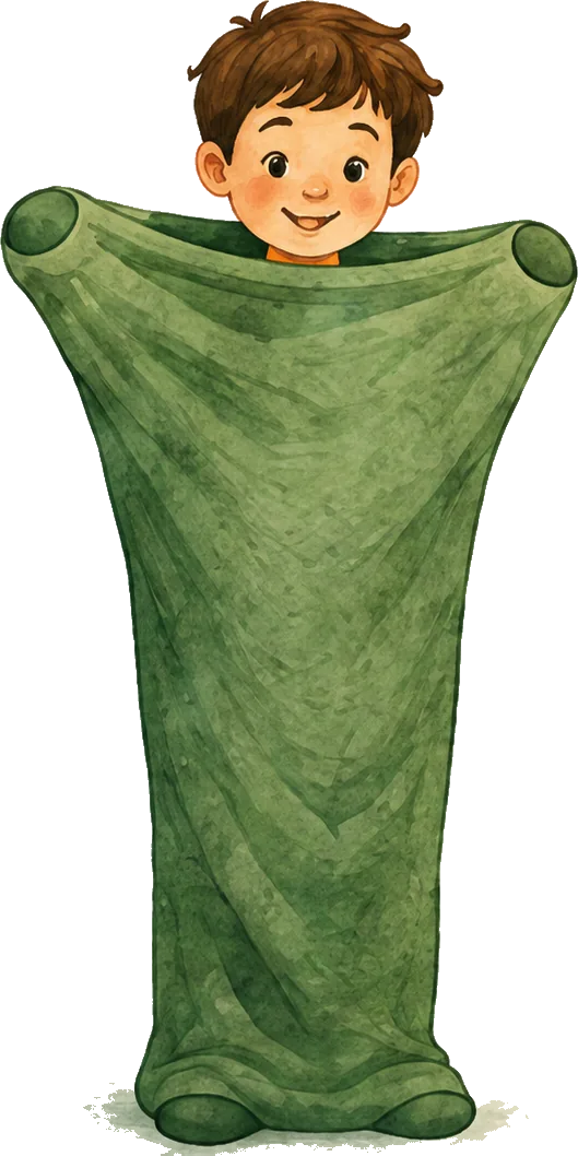 Child standing comfortably inside the body sock